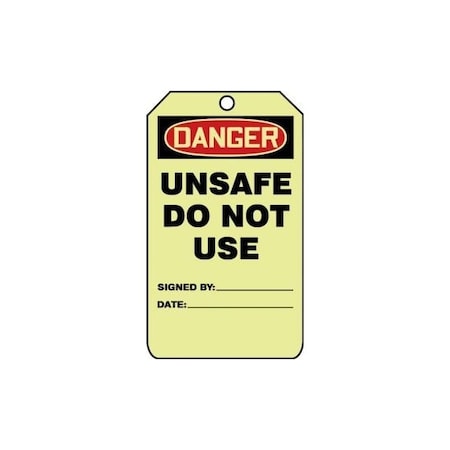 Accuform Safety Tags, DANGER UNSAFE DO NOT USE, 5inx 3in, Glow Plastic, 10PK TAW125